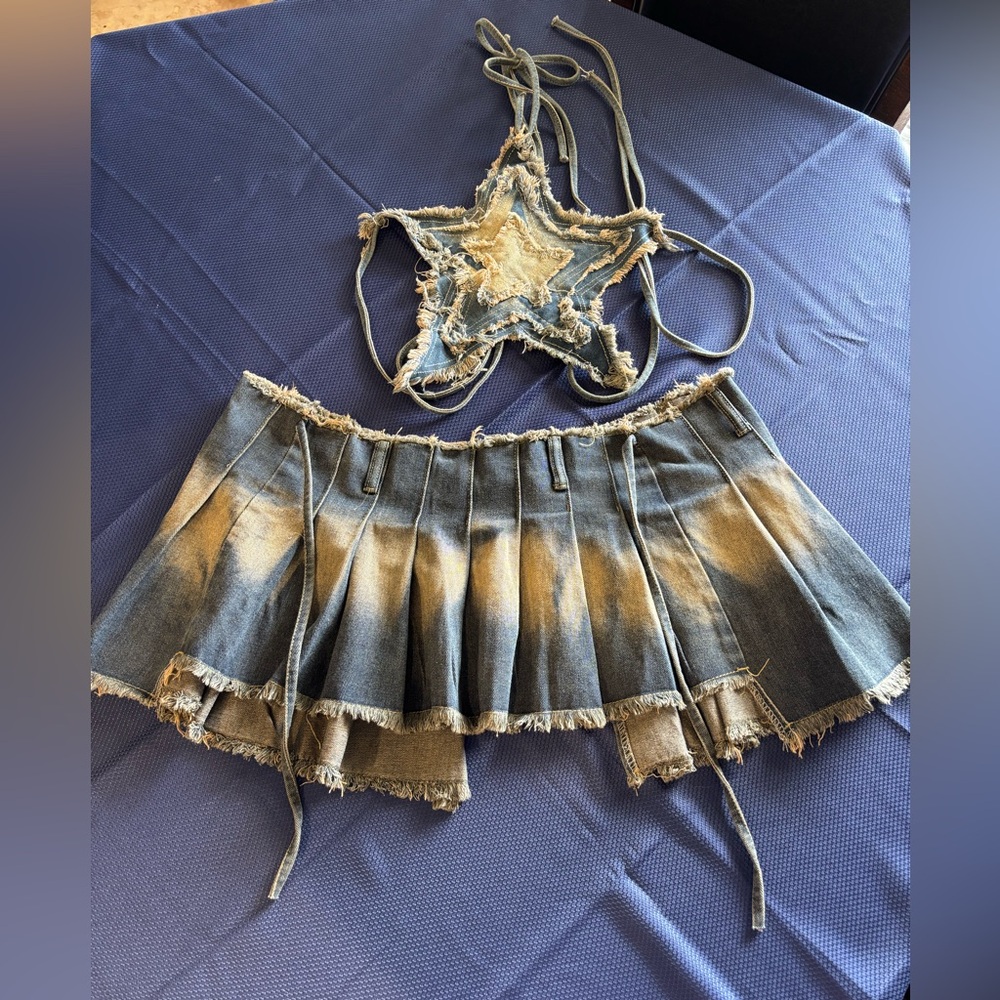 Denim Pleated Adjustable Mini Skirt and Star Halter Top Set